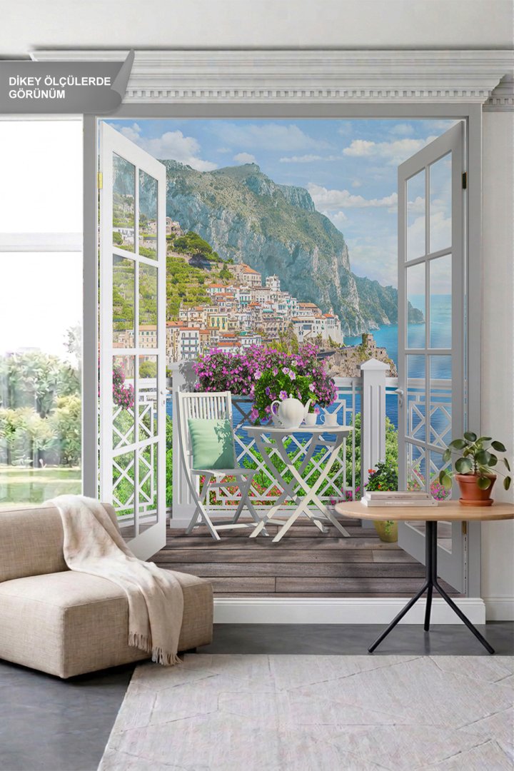 Dreamwall Açık Balkon, Çay Masası, Amalfi Sahili ve Deniz ManzaralıTek Parça Tekstil Duvar Kağıdı