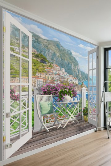 Dreamwall Açık Balkon, Çay Masası, Amalfi Sahili ve Deniz ManzaralıTek Parça Tekstil Duvar Kağıdı küçük görsel 2