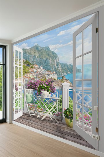 Dreamwall Açık Balkon, Çay Masası, Amalfi Sahili ve Deniz ManzaralıTek Parça Tekstil Duvar Kağıdı küçük görsel 3