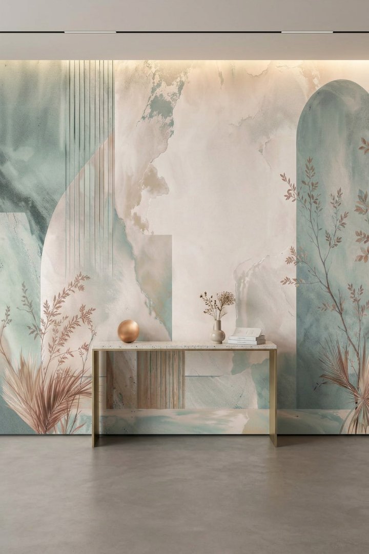 Dreamwall Adaçayı Düşü - Mermer Kavisler ve Bitki Desenli Tek Parça Tekstil Duvar Kağıdı 