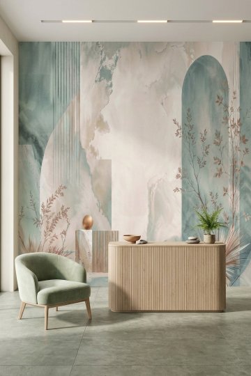 Dreamwall Adaçayı Düşü - Mermer Kavisler ve Bitki Desenli Tek Parça Tekstil Duvar Kağıdı  küçük görsel 2