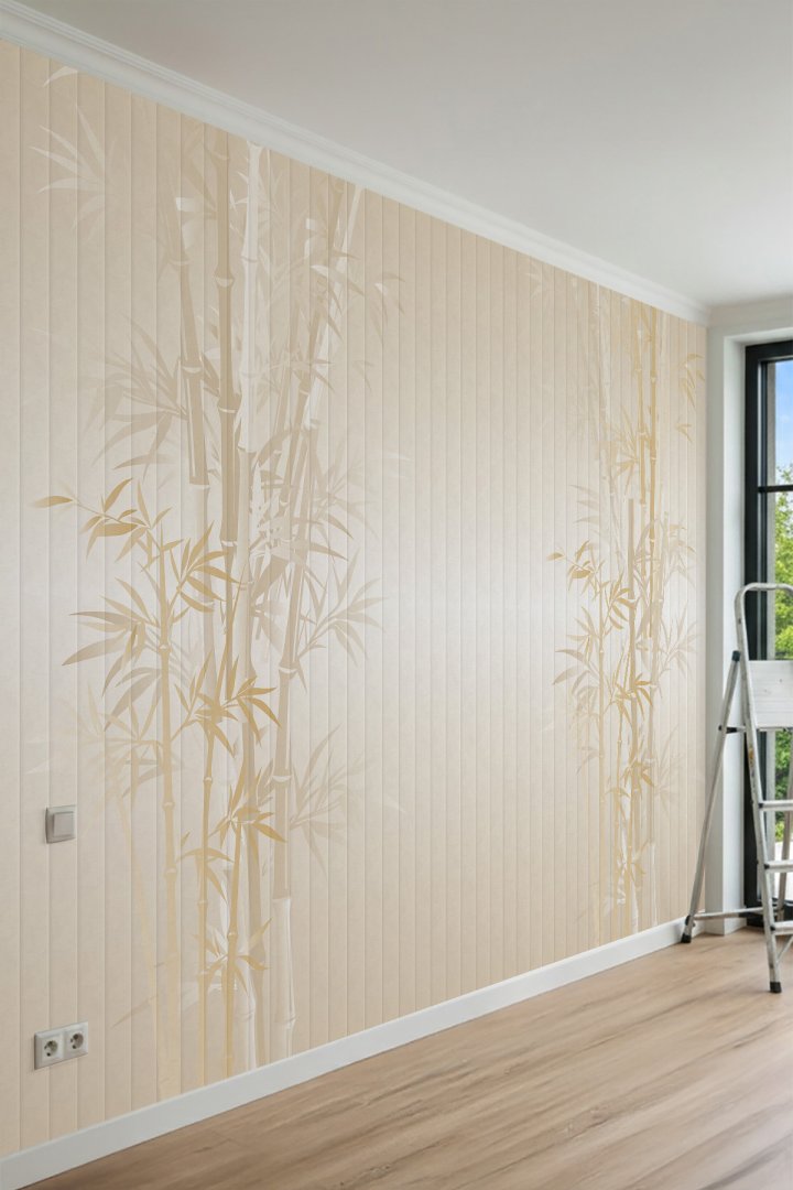 Dreamwall Ahşap Akustik Lambri ve Bambu Desenli Tek Parça Tekstil Duvar Kağıdı