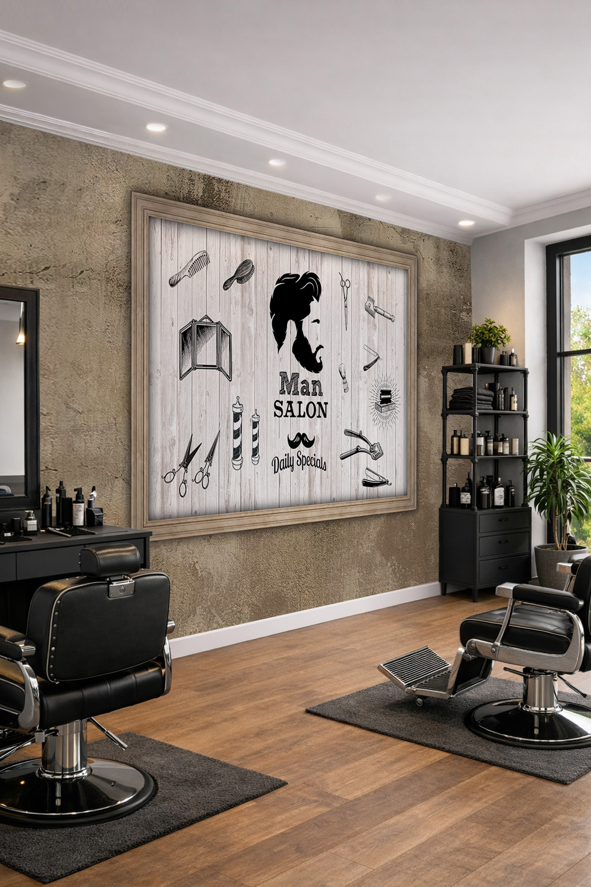 Dreamwall Ahşap Çerçeve ve Ahşap Panel Arka Planlı Berber Konseptli Tek Parça Tekstil Duvar Kağıdı görsel 1
