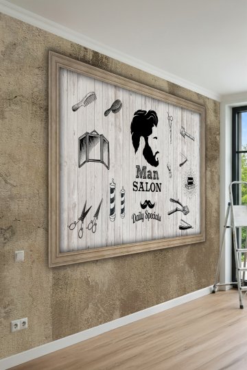 Dreamwall Ahşap Çerçeve ve Ahşap Panel Arka Planlı Berber Konseptli Tek Parça Tekstil Duvar Kağıdı küçük görsel 2