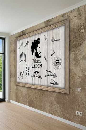 Dreamwall Ahşap Çerçeve ve Ahşap Panel Arka Planlı Berber Konseptli Tek Parça Tekstil Duvar Kağıdı küçük görsel 3