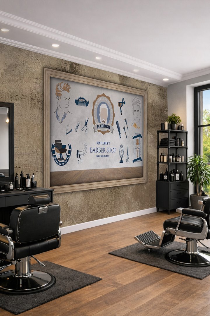 Dreamwall Ahşap Çerçeve ve Berber Konseptli Tipografik Desenli Tek Parça Tekstil Duvar Kağıdı