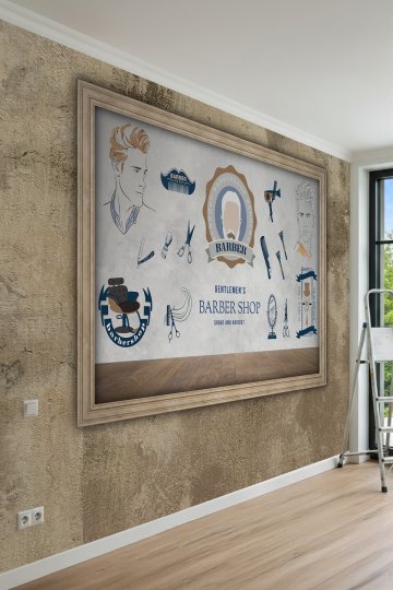 Dreamwall Ahşap Çerçeve ve Berber Konseptli Tipografik Desenli Tek Parça Tekstil Duvar Kağıdı küçük görsel 2