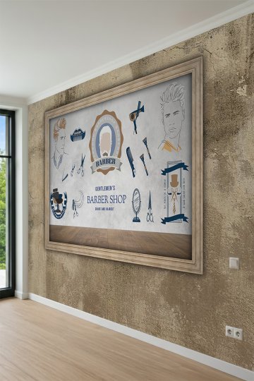 Dreamwall Ahşap Çerçeve ve Berber Konseptli Tipografik Desenli Tek Parça Tekstil Duvar Kağıdı küçük görsel 3