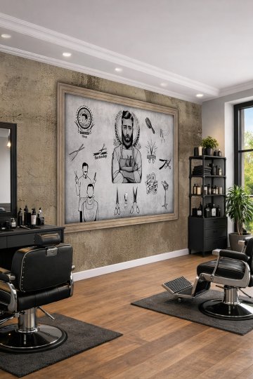 Dreamwall Ahşap Çerçeve ve Beton Doku Görünümlü Berber Konseptli Tek Parça Tekstil Duvar Kağıdı