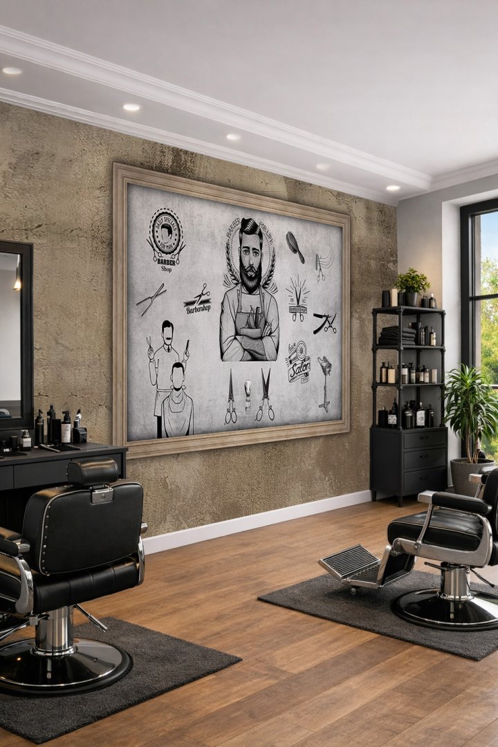 Dreamwall Ahşap Çerçeve ve Beton Doku Görünümlü Berber Konseptli Tek Parça Tekstil Duvar Kağıdı