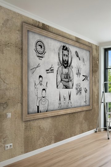 Dreamwall Ahşap Çerçeve ve Beton Doku Görünümlü Berber Konseptli Tek Parça Tekstil Duvar Kağıdı küçük görsel 2
