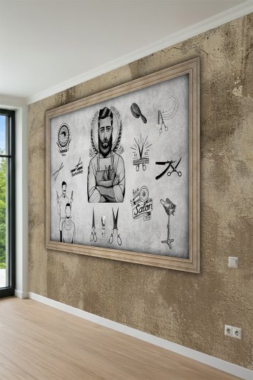 Dreamwall Ahşap Çerçeve ve Beton Doku Görünümlü Berber Konseptli Tek Parça Tekstil Duvar Kağıdı küçük görsel 3