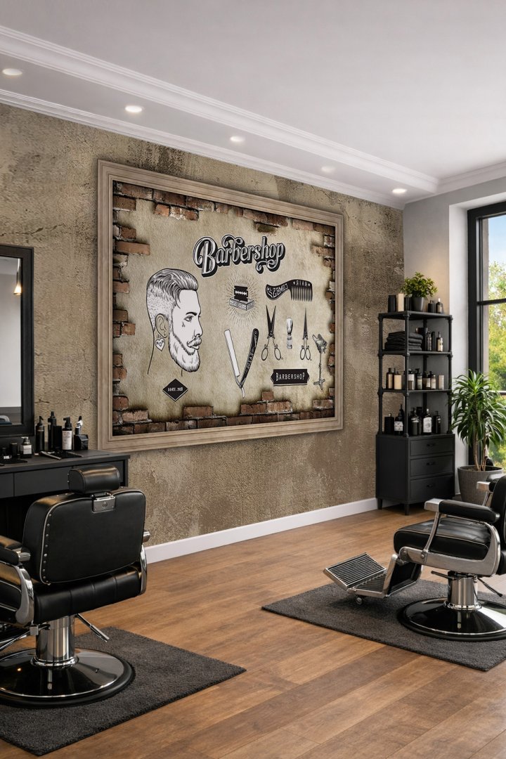 Dreamwall Ahşap Çerçeve ve Tuğla Detaylı Berber Konseptli Tek Parça Tekstil Duvar Kağıdı