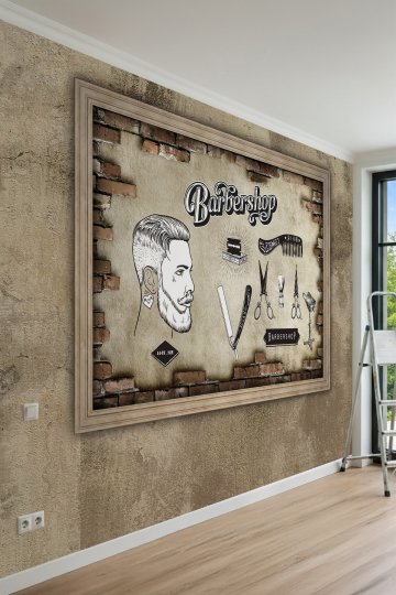 Dreamwall Ahşap Çerçeve ve Tuğla Detaylı Berber Konseptli Tek Parça Tekstil Duvar Kağıdı küçük görsel 2