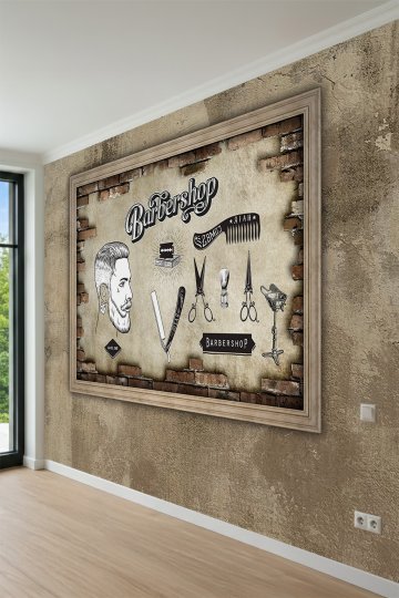 Dreamwall Ahşap Çerçeve ve Tuğla Detaylı Berber Konseptli Tek Parça Tekstil Duvar Kağıdı küçük görsel 3