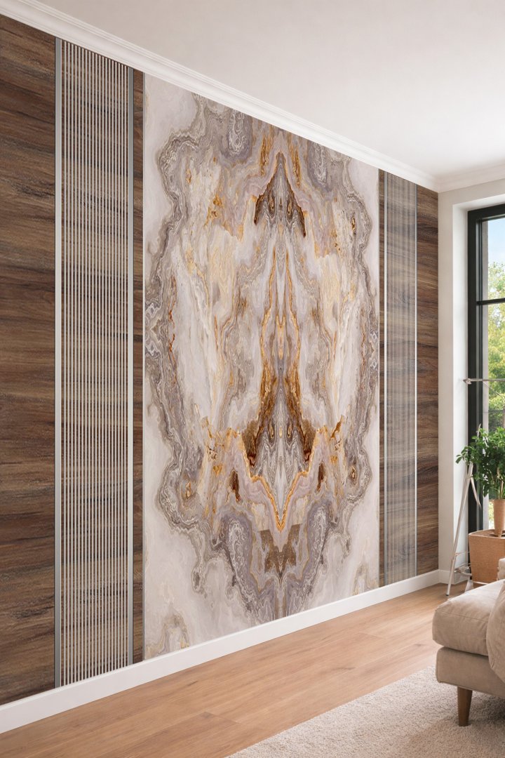 Dreamwall Ahşap Çıta Detaylı Damarlı Mermer Görünümlü Modern Tek Parça Tekstil Duvar Kağıdı