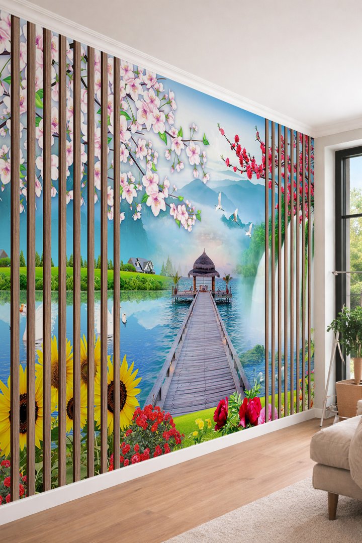 Dreamwall Ahşap Çıta Detaylı İskele Manzaralı Çiçek Bahçesi Desenli Tek Parça Tekstil Duvar Kağıdı