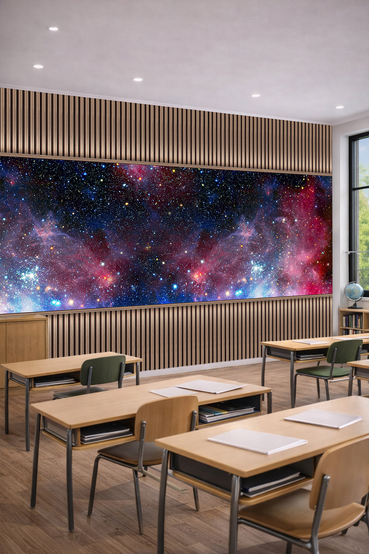 Dreamwall Ahşap Çıta Görünümlü Kızıl-Mavi Bulutsu Nebula ve Yıldızlı Galaksi Motifli Tek Parça Tekstil Duvar Kağıdı görsel 1