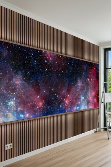 Dreamwall Ahşap Çıta Görünümlü Kızıl-Mavi Bulutsu Nebula ve Yıldızlı Galaksi Motifli Tek Parça Tekstil Duvar Kağıdı küçük görsel 2