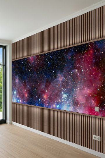 Dreamwall Ahşap Çıta Görünümlü Kızıl-Mavi Bulutsu Nebula ve Yıldızlı Galaksi Motifli Tek Parça Tekstil Duvar Kağıdı küçük görsel 3