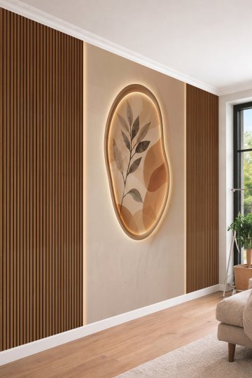 Dreamwall Ahşap Çıta Panel, Kabartma Görünümlü Aydınlatmalı Geçiş ve Yaprak Desenli Tek Parça Tekstil Duvar Kağıdı  küçük görsel 1