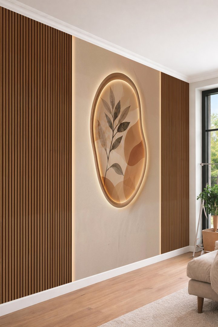 Dreamwall Ahşap Çıta Panel, Kabartma Görünümlü Aydınlatmalı Geçiş ve Yaprak Desenli Tek Parça Teksti...