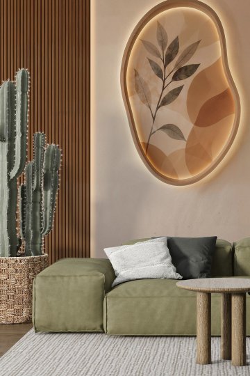 Dreamwall Ahşap Çıta Panel, Kabartma Görünümlü Aydınlatmalı Geçiş ve Yaprak Desenli Tek Parça Tekstil Duvar Kağıdı  küçük görsel 2