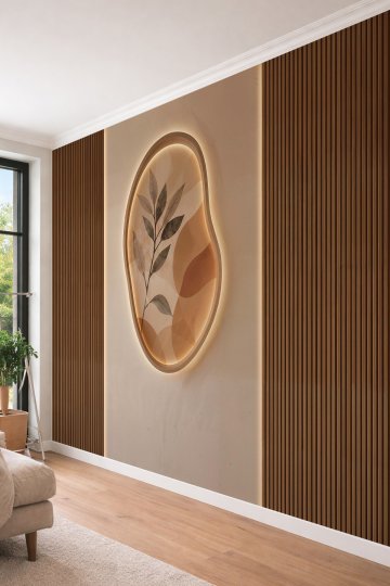 Dreamwall Ahşap Çıta Panel, Kabartma Görünümlü Aydınlatmalı Geçiş ve Yaprak Desenli Tek Parça Tekstil Duvar Kağıdı  küçük görsel 3