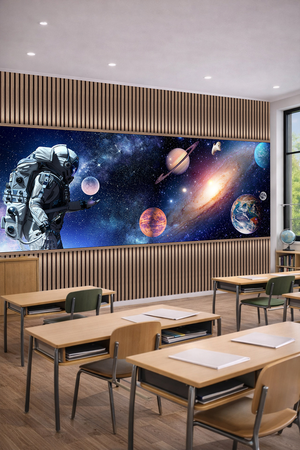 Dreamwall Ahşap Çıta Panelli, Astronot, Galaksi ve Gezegenler Motifli Tek Parça Tekstil Duvar Kağıdı görsel 1