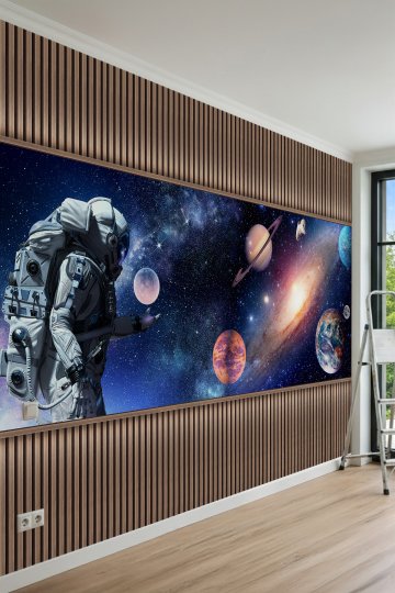 Dreamwall Ahşap Çıta Panelli, Astronot, Galaksi ve Gezegenler Motifli Tek Parça Tekstil Duvar Kağıdı küçük görsel 2