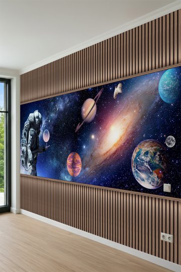 Dreamwall Ahşap Çıta Panelli, Astronot, Galaksi ve Gezegenler Motifli Tek Parça Tekstil Duvar Kağıdı küçük görsel 3