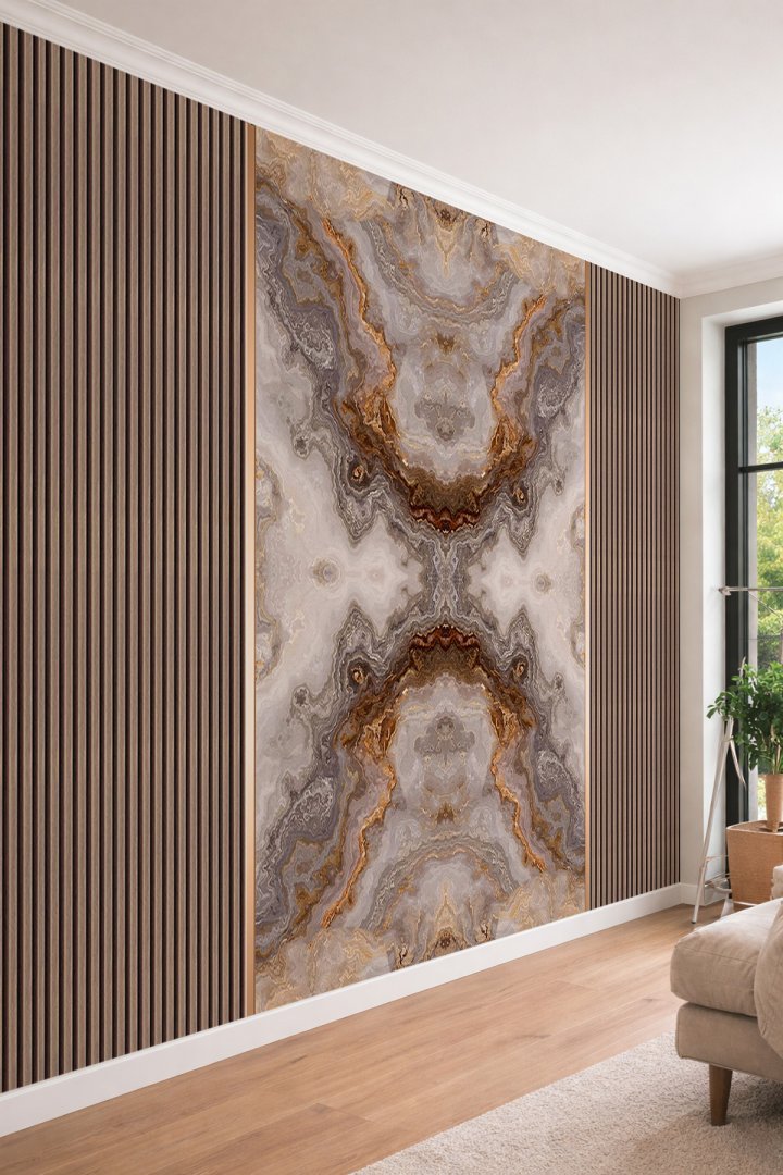 Dreamwall Ahşap Çıta ve Damarlı Mermer Desenli Tek Parça Tekstil Duvar Kağıdı