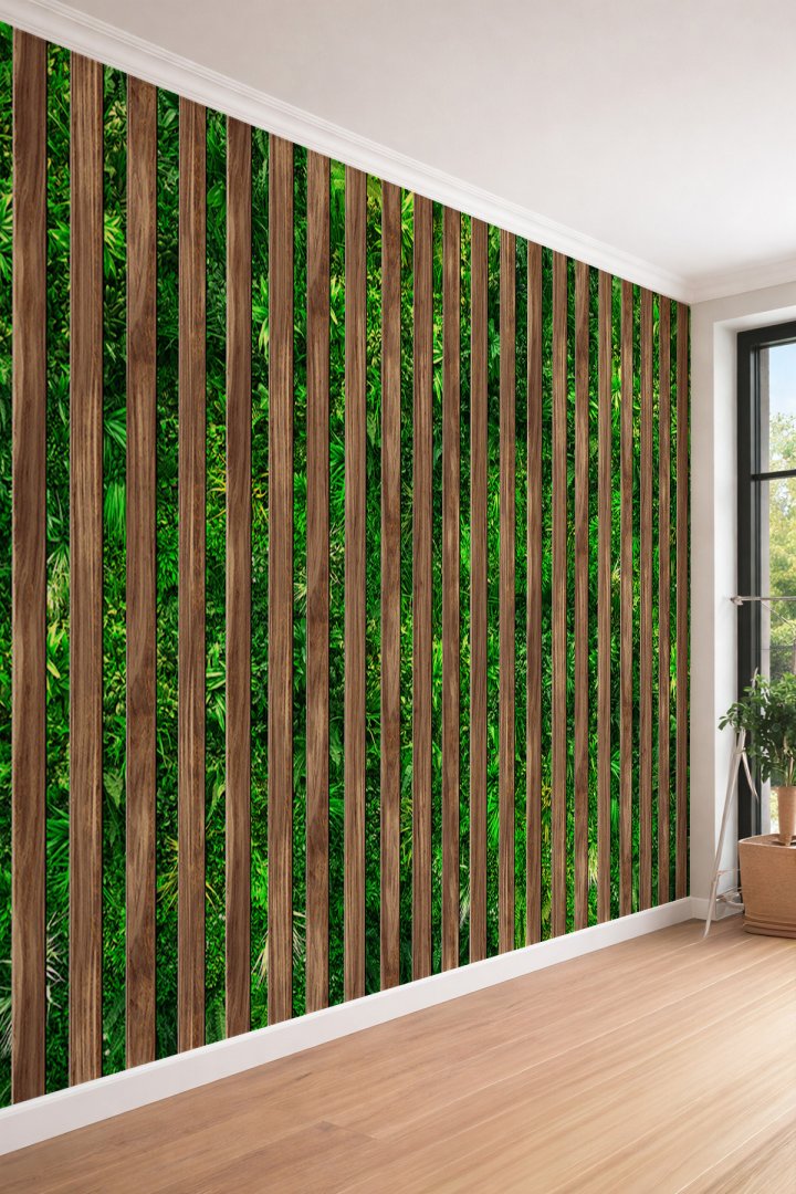 Dreamwall Ahşap Çıta ve Dikey Bahçe Desenli 3D Görünümlü Tek Parça Tekstil Duvar Kağıdı