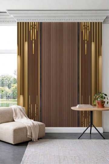 Dreamwall Ahşap Çıta ve Gold Detaylı Dikey Çizgi Desenli Tek Parça Tekstil Duvar Kağıdı küçük görsel 2
