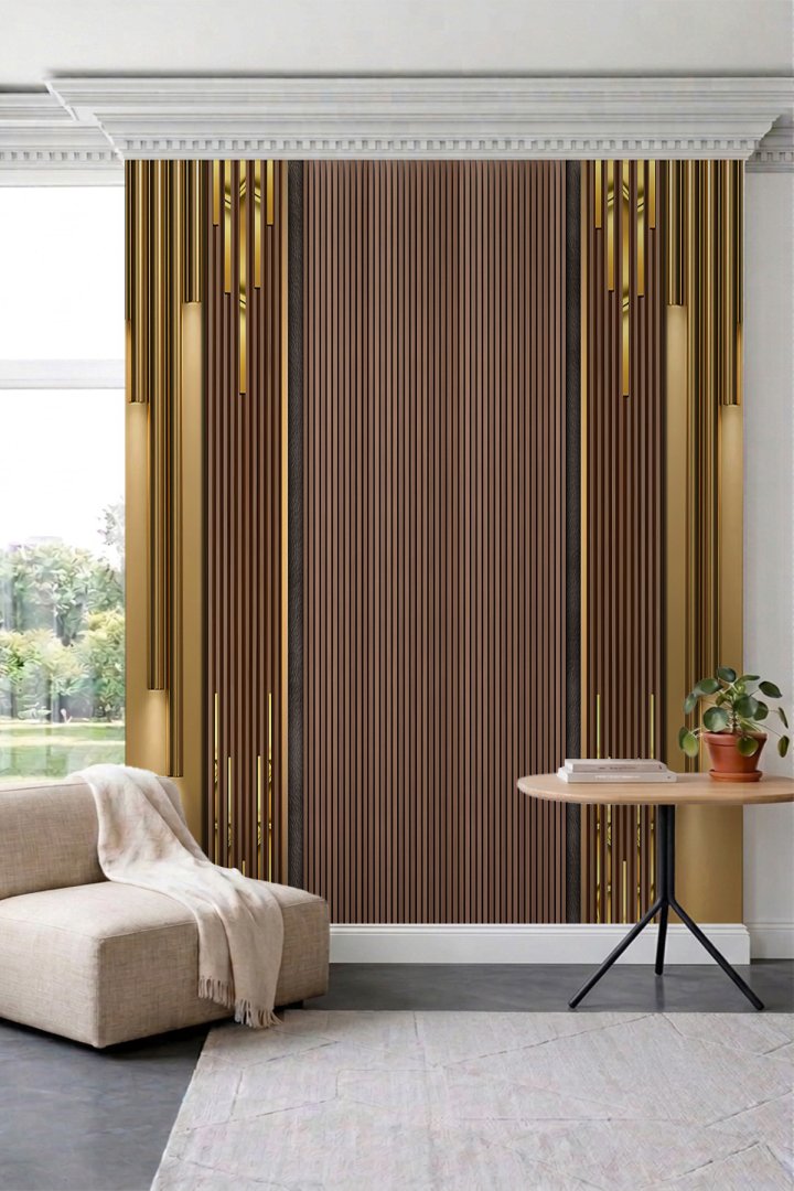 Dreamwall Ahşap Çıta ve Gold Detaylı Dikey Çizgi Desenli Tek Parça Tekstil Duvar Kağıdı