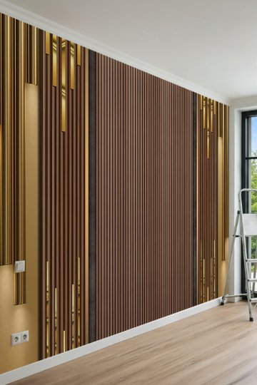 Dreamwall Ahşap Çıta ve Gold Detaylı Dikey Çizgi Desenli Tek Parça Tekstil Duvar Kağıdı küçük görsel 1