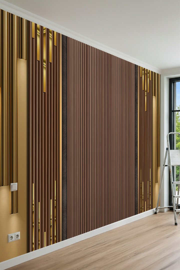 Dreamwall Ahşap Çıta ve Gold Detaylı Dikey Çizgi Desenli Tek Parça Tekstil Duvar Kağıdı