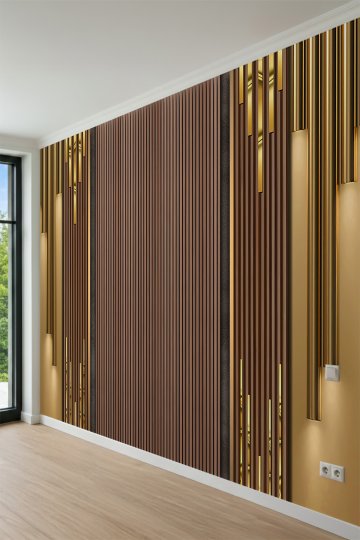 Dreamwall Ahşap Çıta ve Gold Detaylı Dikey Çizgi Desenli Tek Parça Tekstil Duvar Kağıdı küçük görsel 3