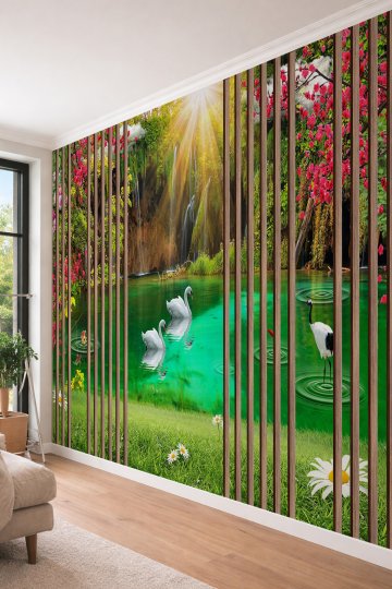 Dreamwall Ahşap Çıta ve Gölde Kuğular Desenli Tek Parça Tekstil Duvar Kağıdı