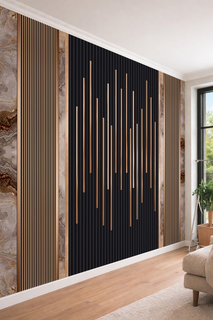 Dreamwall Ahşap Çıta ve Mermer Panel Detaylı Işık Çizgi Desenli Tek Parça Tekstil Duvar Kağıdı