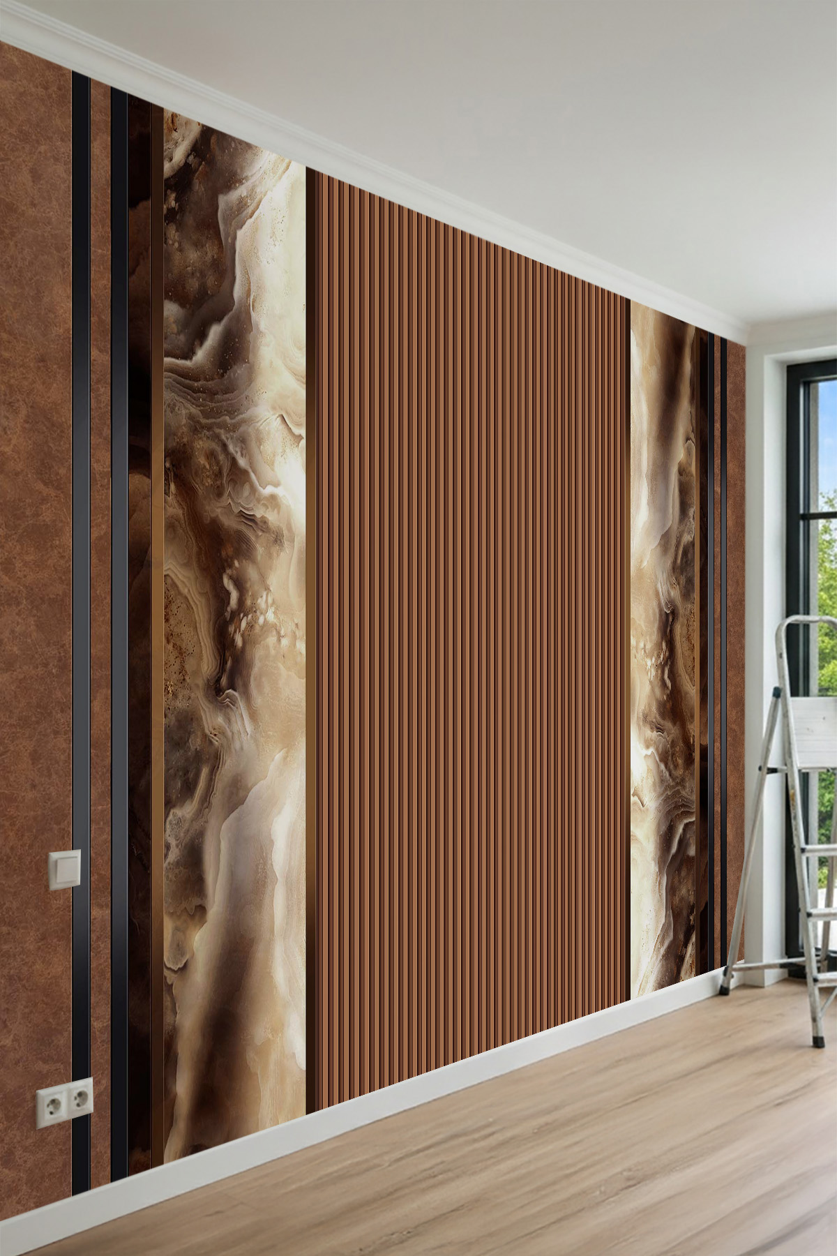 Dreamwall Ahşap Çıta ve Oniks Mermer Desenli Tek Parça Tekstil Duvar Kağıdı görsel 1