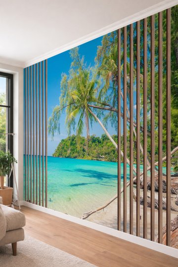 Dreamwall Ahşap Çıta ve Palmiyeli Sahil Desenli Tek Parça Tekstil Duvar Kağıdı