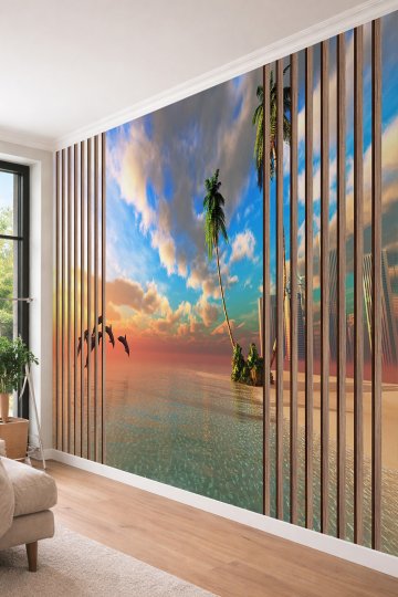 Dreamwall Ahşap Çıta ve Sahilde Yunuslar Desenli Tek Parça Tekstil Duvar Kağıdı