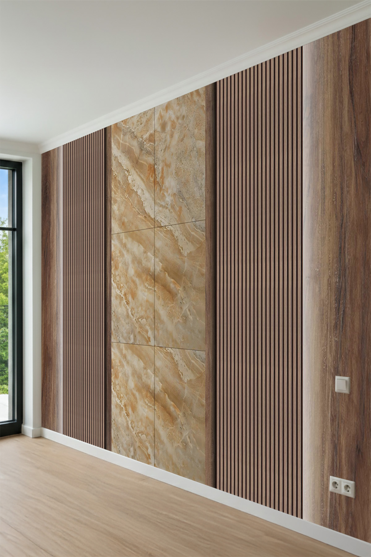 Dreamwall Ahşap Çıta ve Şık Mermer Desenli Tek Parça Tekstil Duvar Kağıdı görsel 1