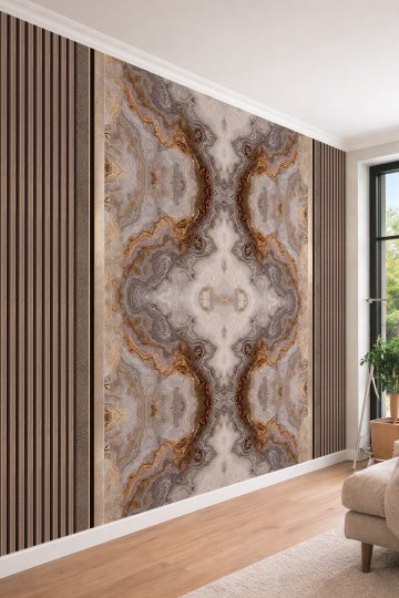 Dreamwall Ahşap Çıta ve Simetrik Mermer Desenli Tek Parça Tekstil Duvar Kağıdı