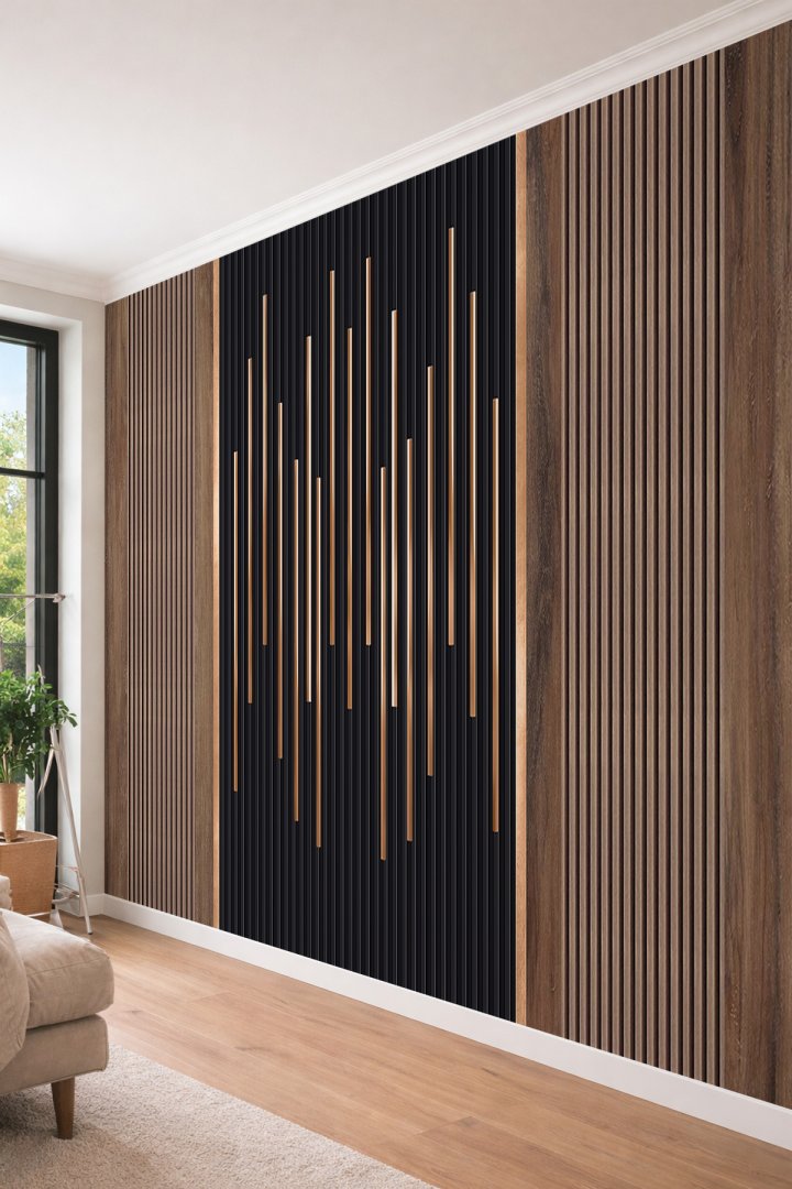 Dreamwall Ahşap Çıta ve Siyah Panel Işık Efektli Modern Tek Parça Tekstil Duvar Kağıdı