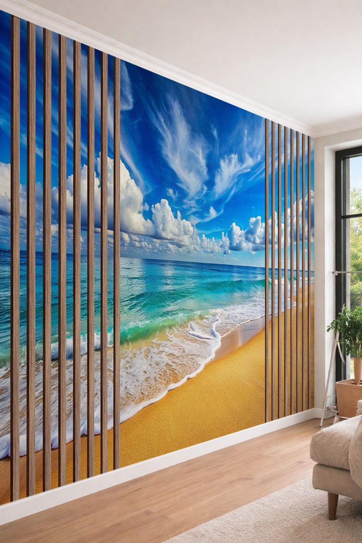 Dreamwall Ahşap Çıta ve Sonsuz Sahil Desenli Tek Parça Tekstil Duvar Kağıdı