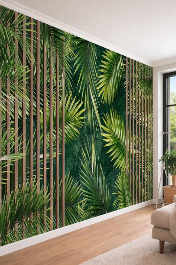 Dreamwall Ahşap Çıta ve Tropikal Yaprak Desenli Tek Parça Tekstil Duvar Kağıdı