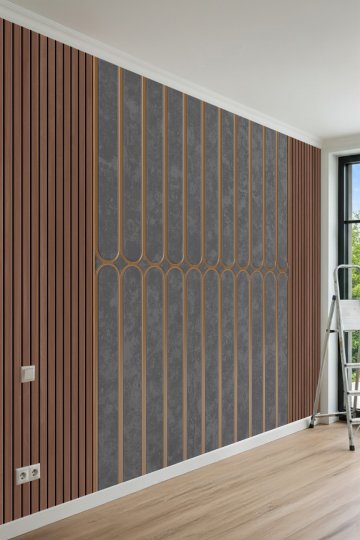 Dreamwall Ahşap Çıtalar, Eskitme Paneller ve Kemer Desenli Tek Parça Tekstil Duvar Kağıdı küçük görsel 2