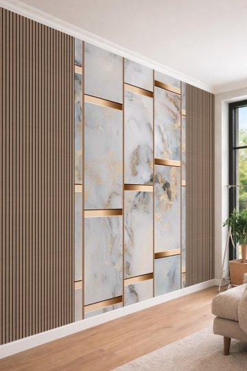 Dreamwall Ahşap Çıtalar ve Geometrik Mermer Panel Desenli Tek Parça Tekstil Duvar Kağıdı